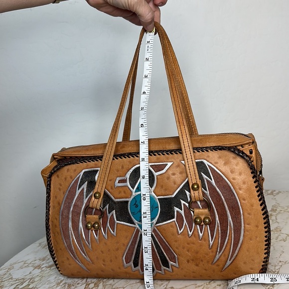 VINTAGE EMBOSSED LEATHER THUNDERBIRD DESIGN-WOVEN LEATHER HANDBAG-Metallic, t - Picture 14 of 16